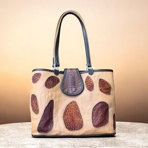 Genuine Ostrich Patchwork Tote Bag – Real Crocodile Flap – Unique
